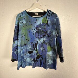 Jess & Jane USA Women’s Floral Print Rhinestone Long Sleeve Top Blue Casual Knit